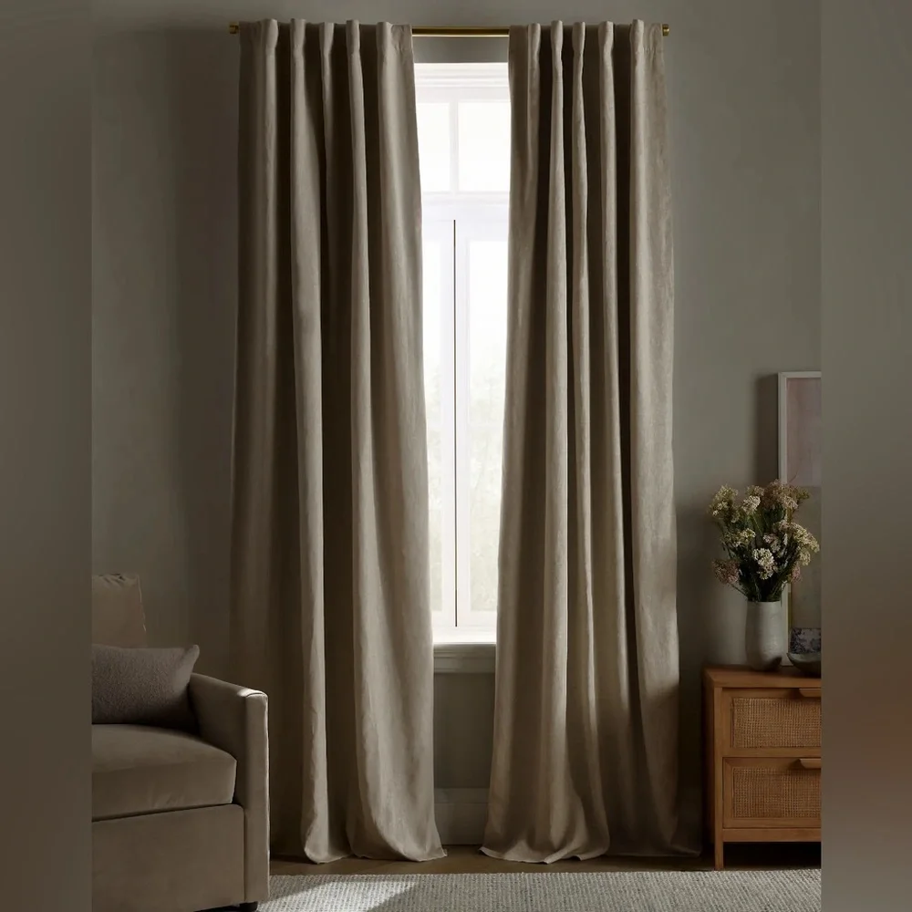 Quince European Linen Blackout Curtain Panel Flax Beige Size 96”x108”